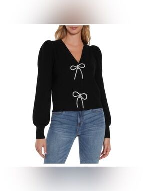 Express Black V-Neck Sweater with Silver Bow Accents